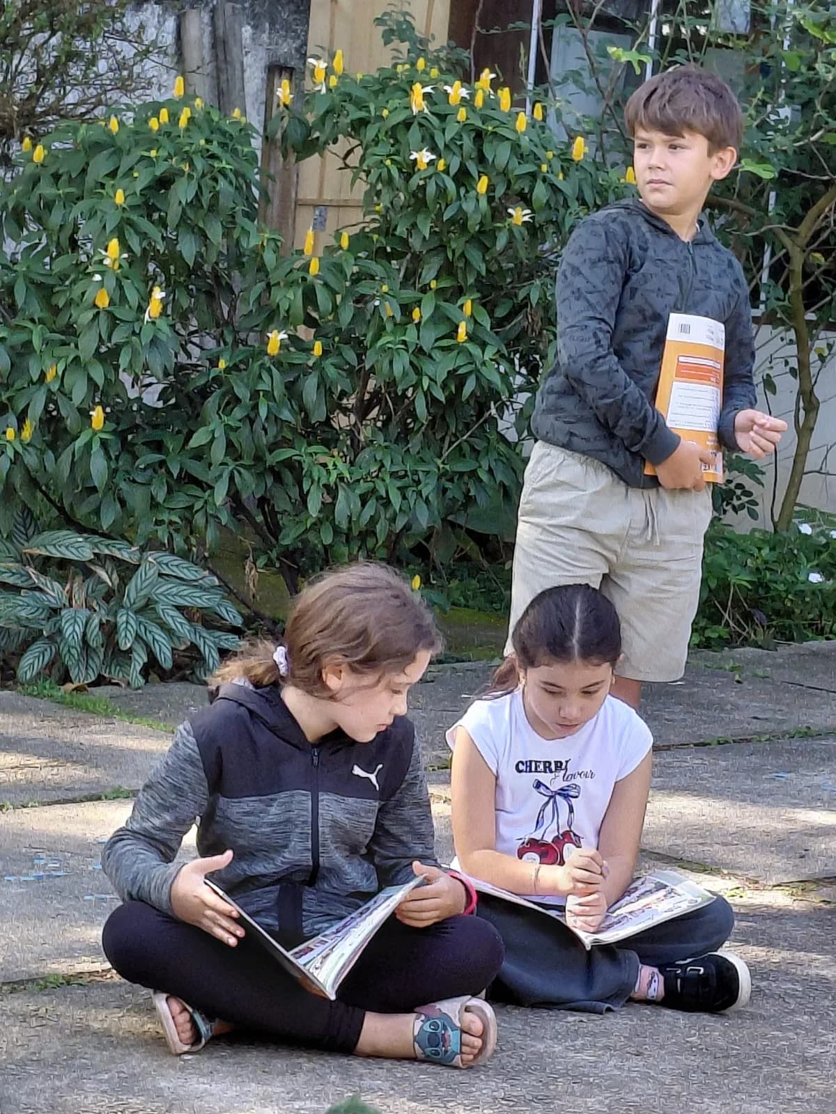 Crianças lendo ao ar livre no jardim da escola